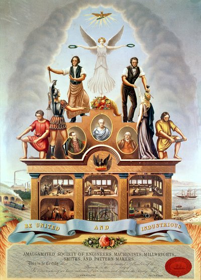 Handelsembleem van de Amalgamated Society of Engineers, Machinists, Millwrights, Smiths and Pattern Makers, gegraveerd door George Greatbach, 1852 door James Sharples